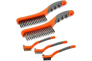 MAXMAN Wire Brush Set 5PCS, Nylon/Brass/Stainless Steel/Carbon Steel Bristles Wire Scratch Brush with Curved Rubber Handle for Cleaning Rust, Corrosion, Dirt, Paint Scrubbing, Deep Detailing Cleaning, Orange