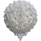 Qikegoods Handmade Luxury Wedding Bridal Bouquet Large Silk Rose Holding Toss Artificial Flowers Bouquets with Satin Ribbon Pearls Rhinestone for Bride Vintage Royal Wedding Bouquet Decor(Ivory)