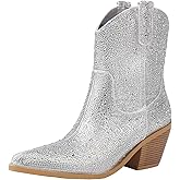 vivianly Rhinestone Cowboy Boots for Women Western Glitter Ankle Boots Cowgirl Boot, Women's Mid Calf Sparkling Diamond Booties Pointed Toe Chunky Heel Booties