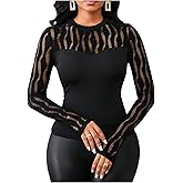 SweatyRocks Women's Crew Neck Long Sleeve Geometric Mesh Fitted T-Shirt Basic Tunic Tee Tops