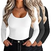Riyiper 3 Pack Women's Scoop Neck Tops Long Sleeve Slim Fitted Shirts Casual Basic Tunic Fall Trendy Y2k Tight Tees