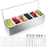 Mifoci 1 Pack Stainless Steel Chilled Condiment Server 6 Removable Slot Toppings Containers with Lid and Bottom Ice Bar Garnish Tray with 9 Silverwares 4 Ice Boxes for Christmas Party, Events and Bar