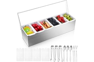 Mifoci 1 Pack Stainless Steel Chilled Condiment Server 6 Removable Slot Toppings Containers with Lid and Bottom Ice Bar Garnish Tray with 9 Silverwares 4 Ice Boxes for Christmas Party, Events and Bar