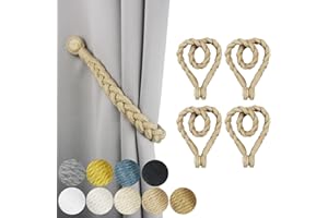 Porlau 4 Pack Magnetic Soft Curtain Tiebacks Cotton Hand-Woven Tieback Holdback Home Decorative Tie Backs with Wooden Buckle for Home Office Decor (Dark Beige, 4)