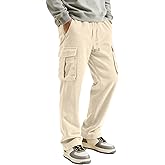 PLEPAN Men's Cargo Corduroy Straight Leg Pants Regular Fit Casual Pants with Pockets Elastic Waist Drawstring Sweatpants