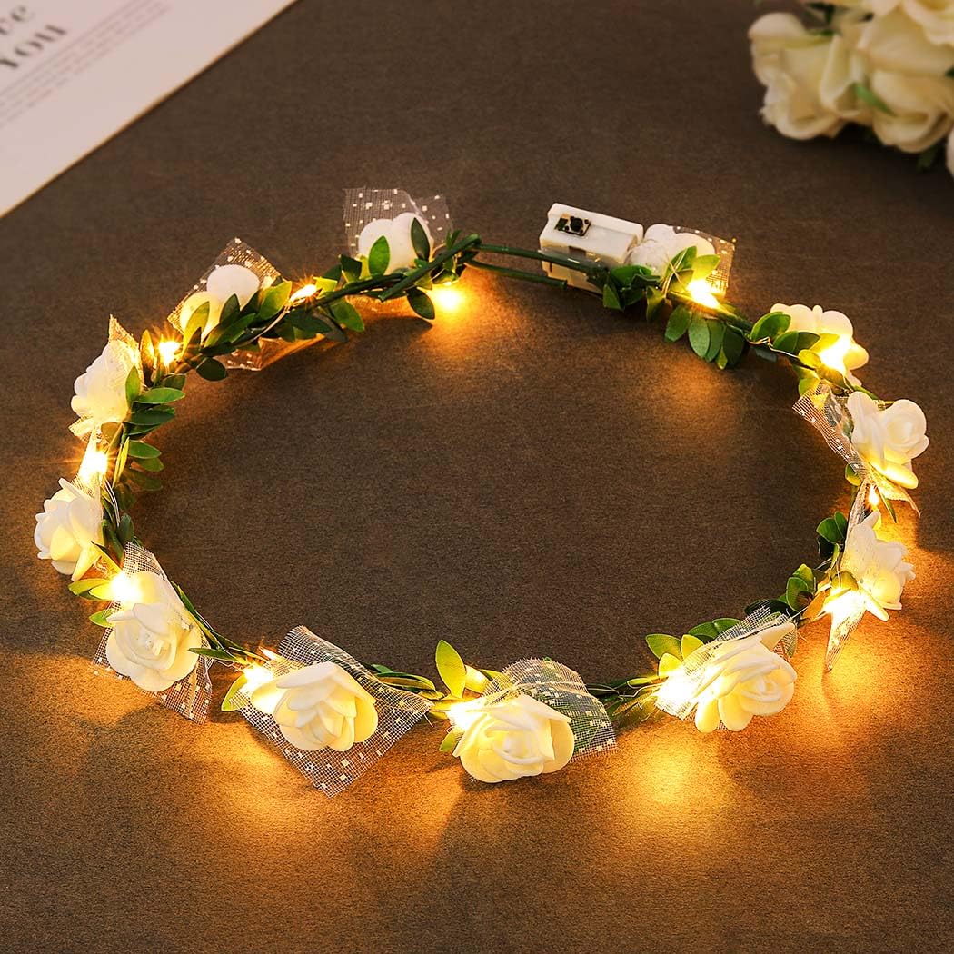 Zoestar Light Up Flower Crown Headband LED Hair Wreath Headbands Bridal Floral Headpiece Festival Party Hair Accessories for Women and Girls (White, Standard Size)