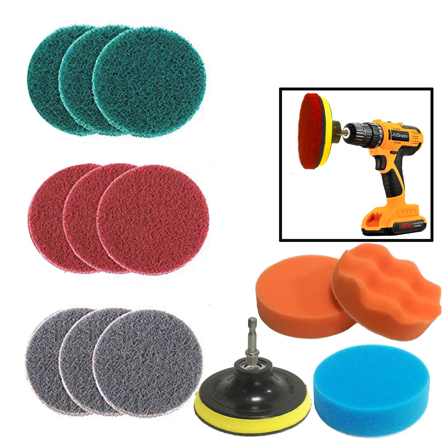 Drill Brush Attachments Set - 13pcs Power Scrubber With Scouring Pads and Sponge Cleaning Kit for Pool Tile, Car Wheel, Grout, Sinks, Bathtub, Bathroom, Kitchen