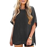 Tankaneo Womens Oversized T Shirts Summer Casual Ribbed Batwing Short Sleeve Tunic Tops Loose Fit Dolman Sleeve Tees