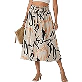 Lepunuo Skirts for Women High Waisted Flowy Summer Midi Knee Length Long Skirt Beach Vacation with Pockets