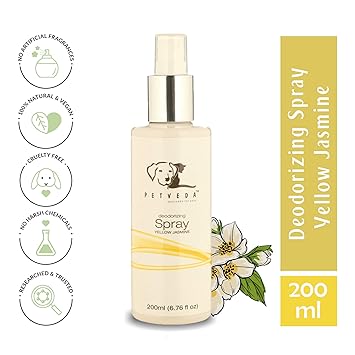 Petveda Yellow Jasmine Deodorant Spray | Deodorizing Spray for Dogs and Cats | Long Lasting Fragrance to Refresh | Ideal for Daily Use | All Coat Types| Petveda Ayurvedic Pet Care | Alcohol Free |SLES & Paraben Free - 200 ml