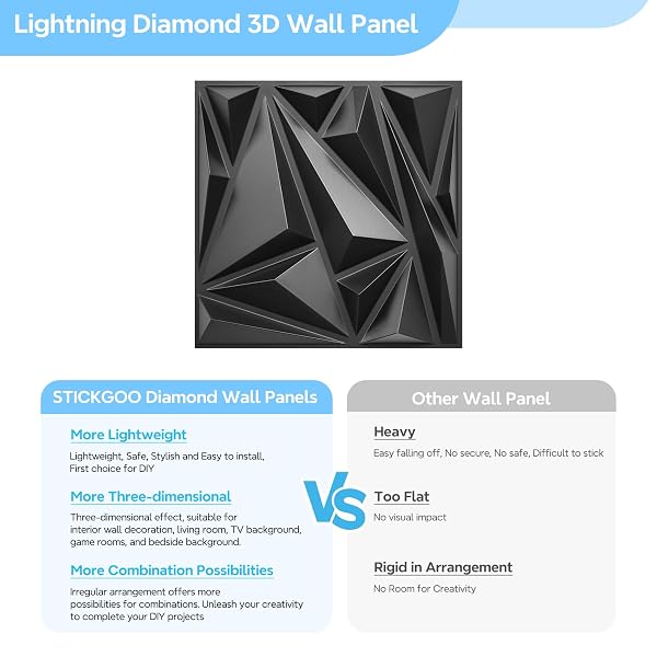 STICKGOO 33 PACK 3D WALL PANELS FOR INTERIOR WALL DECOR, BLACK DIAMOND DESIGN ACCENT WALL DECOR, 12”X12” MODERN WALL PANELS FOR GAMING ROOM BEDROOM TV BACKGROUND