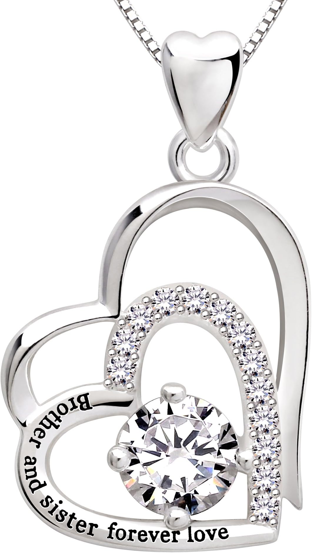 ALOVJewelry Sterling Silver"Brother and sister forever love" Double Love Heart Cubic Zirconia Pendant Necklace