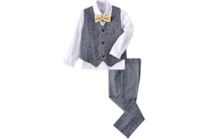 GETTHEBEAUTY-STYLE Boys Suit Plaid Stripes Suits for Boys 4 Piece Formal Wedding Outfit Slim Fit Suit Vest Pants Shirt Set with Bow Tie