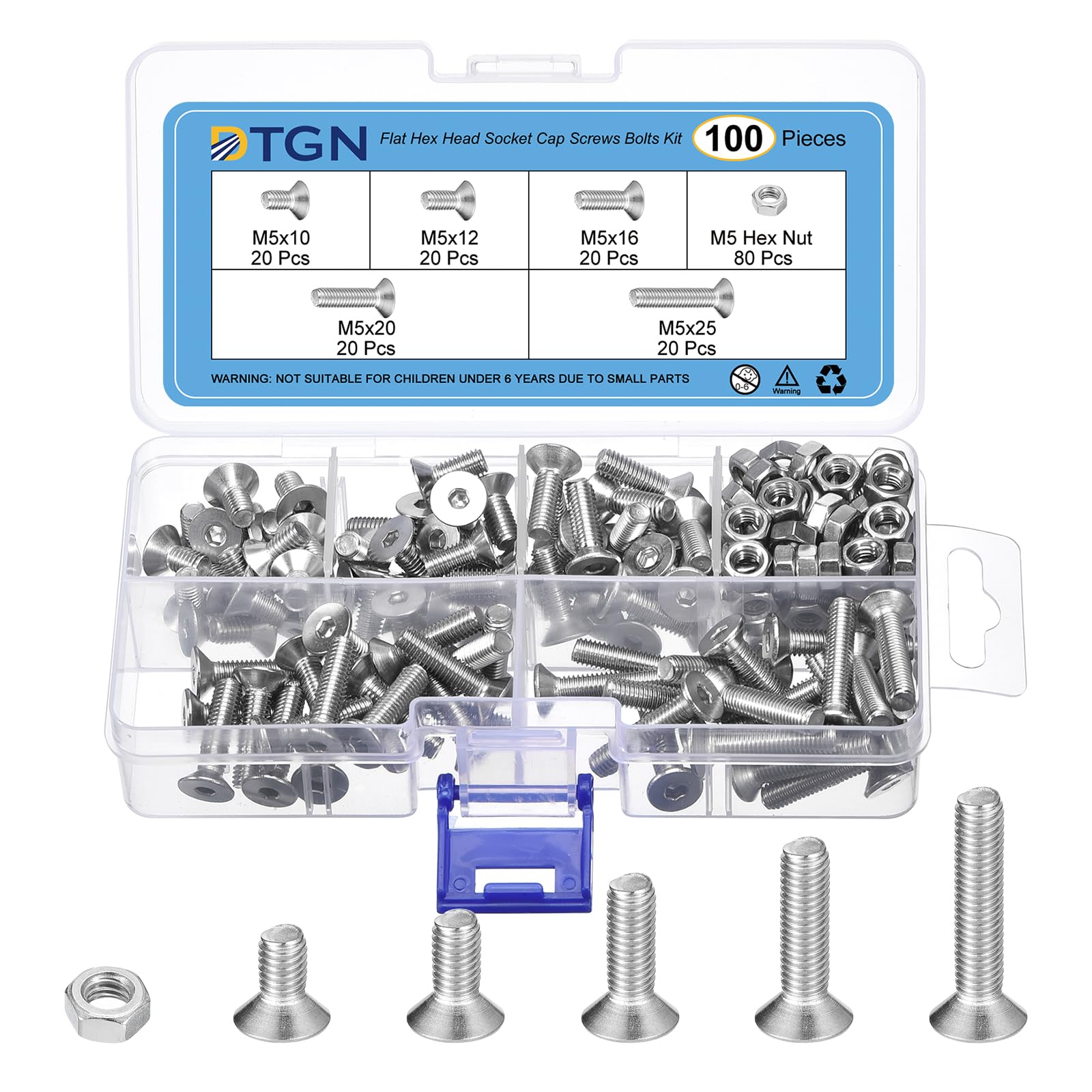 DTGN 180Pcs M5 x 10mm /12mm /16mm /20mm /25mm Flat Head Hex Socket Cap Screws Bolts Nuts Kit, 304 Stainless Steel, Full Thread, Countersunk Bolts