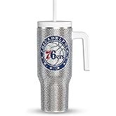 Hydrapeak x NBA Officially Licensed Philadelphia 76ers Voyager 40 oz Stainless Steel Bling Tumbler with Handle, Insulated Rhinestone Water Bottle With Straw & Lid, Includes Gift Box