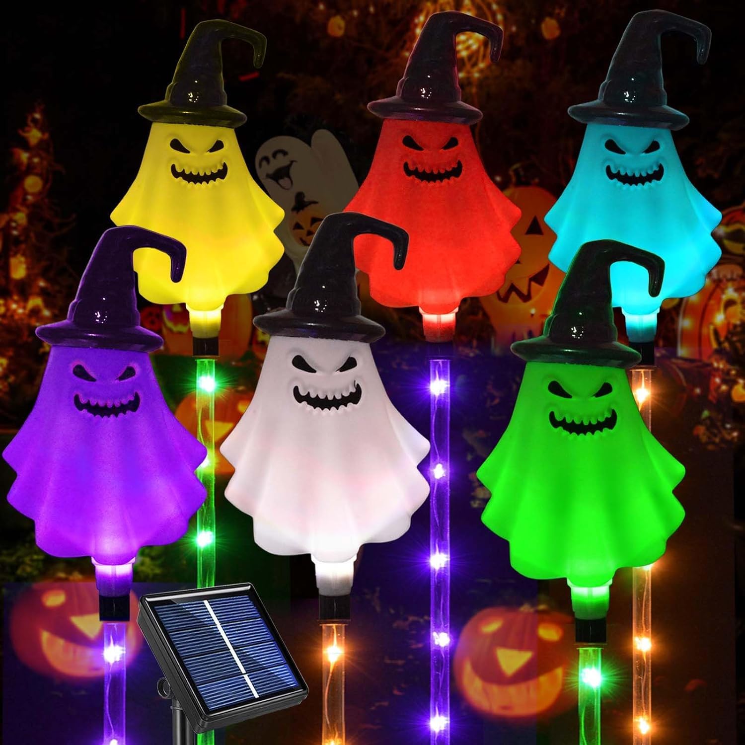 Photo 1 of Upgraded 6-Pack Halloween Solar Lights for Outdoor Decorations, Color Changing Scary Ghosts Witches Hats Halloween Pathway Lights for Outside Lawn Walkway Yard Porch Grave Decorations