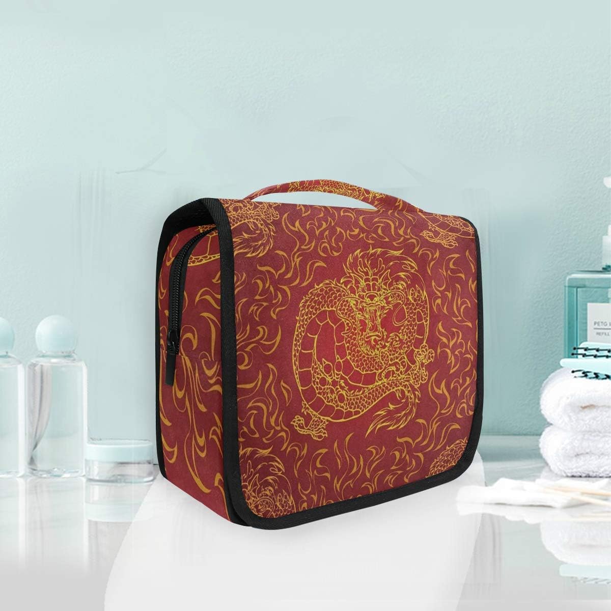 SLHFPX Asian Dragon Fire Red Large Capacity Hanging Toiletry Bag for Men & Women, Portable Waterproof Bathroom Shower Bag, Lightweight Dopp kit Shaving Bag, Sturdy Metal Hook Organizer Makeup Bag