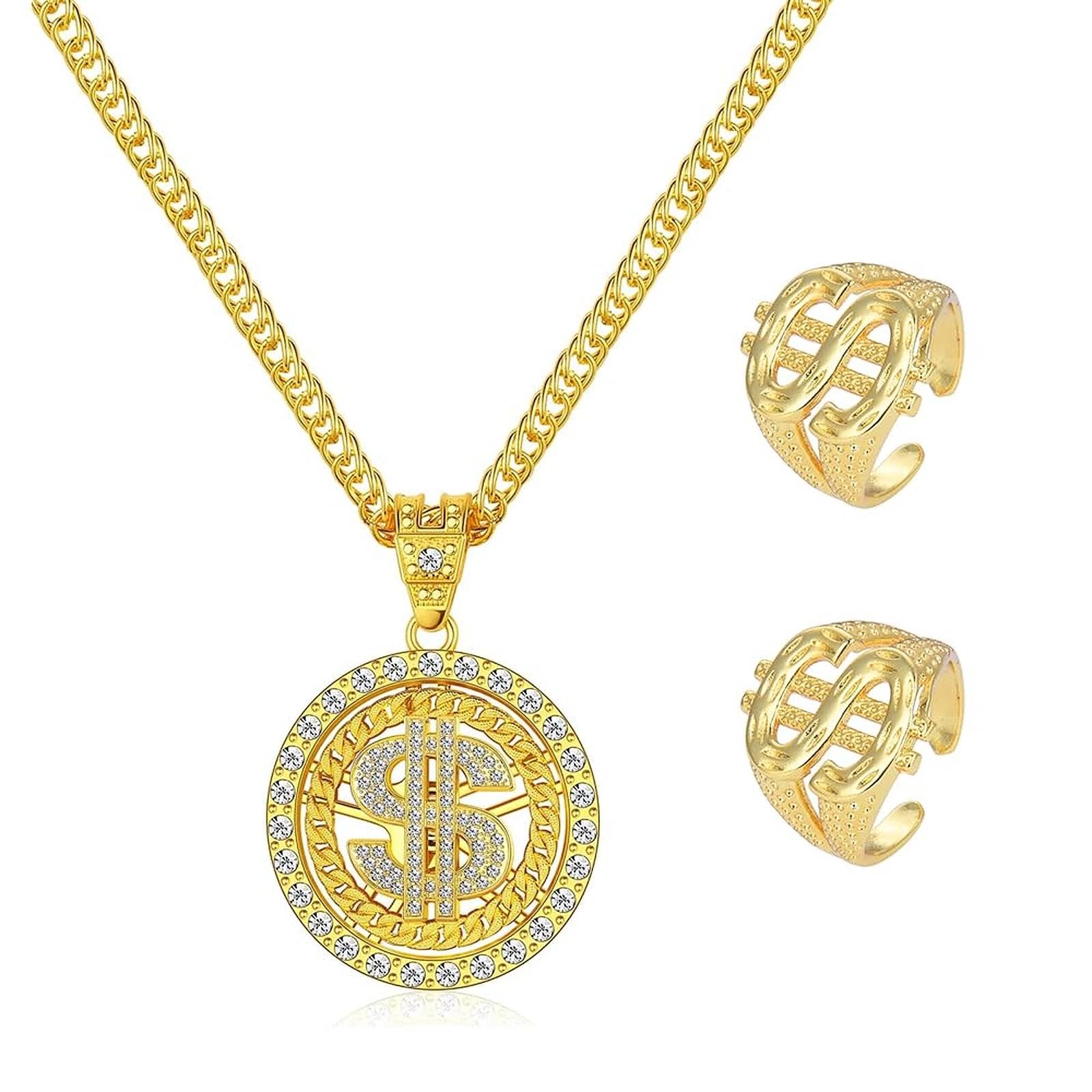 UYUYong Gold Chain Men + Dollar Ring Hip-hop Set Pimp Costume Set 80s 90s Hip Hop Costume Kit for Carnival Accessories Mottopartys Cosplay Carnival
