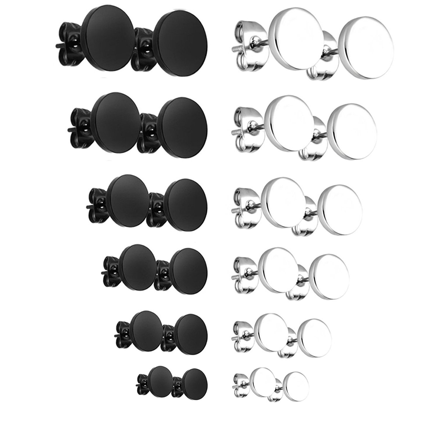 Elegel 12 pairs Stainless Steel Silver Black Unisex Illusion Round Stud Earrings Men Women Diameter 3-8mm