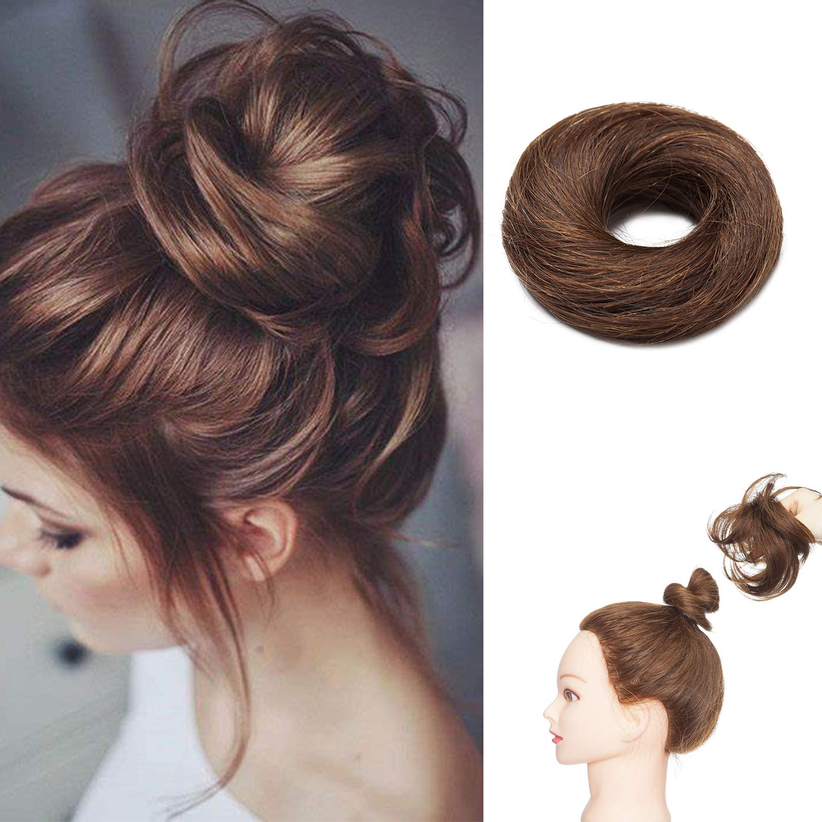 Messy Hair Bun 100% Silky Soft Real Remy Human Hair Extensions Scrunchie Updo Donut Ponytail Extensions #04 Medium Brown Up Do — image 1