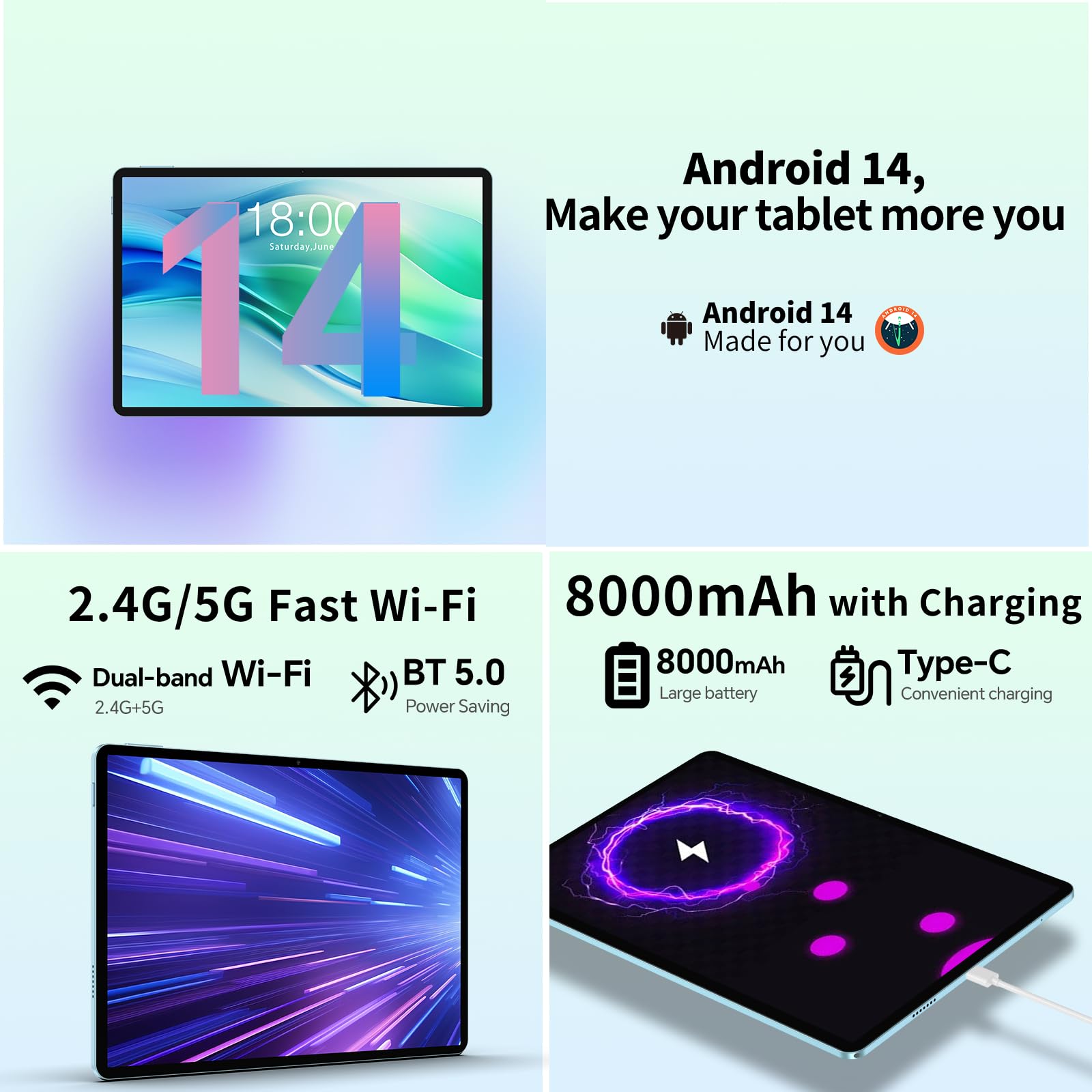 TECLAST Tablet 11 inch Android 14 Tablets, P50 14GB+128GB,1TB Expand, Widevine L1 Compatible 8-Core Tablet with 5G WiFi, 8000mAh Battery, 13MP Camera, 11