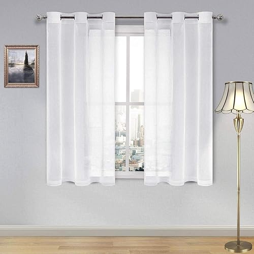 DWCN White Faux Linen Sheer Curtains - Grommet Voile Window Curtain Drapes for Bedroom Living Room 46 x 45 inch Length, Set of 2