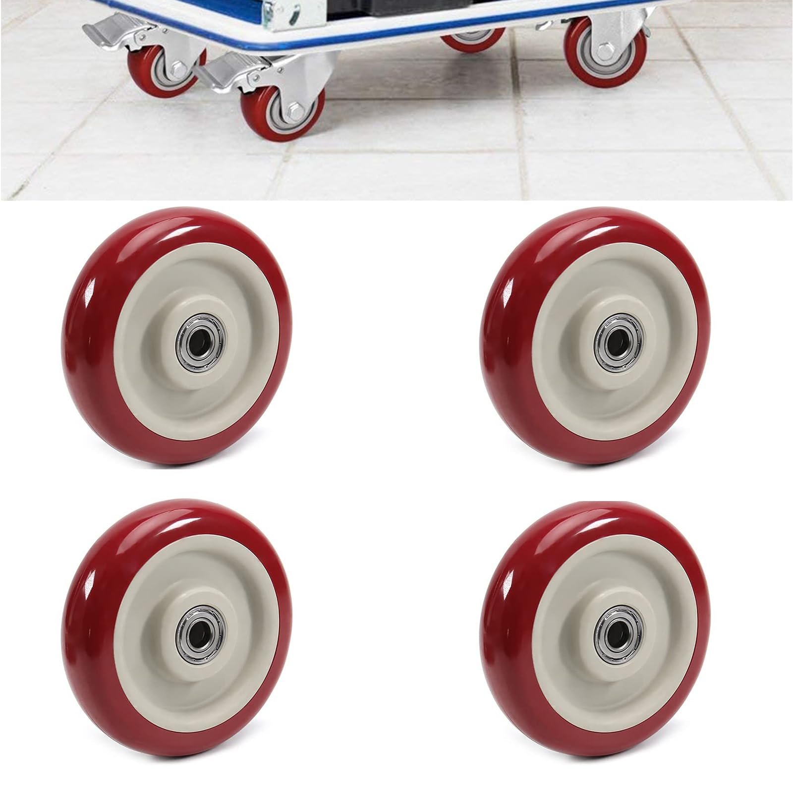 Photo 1 of 4 PCS 5 Inches Caster Wheels Red Heavy Duty Plate Shelf Replacement Wheels for Platform up to 396 LBS/180KG