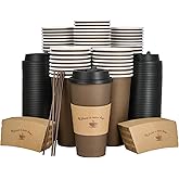 LITOPAK 100 Pack 20 oz Paper Coffee Cups, Brown Disposable Coffee Cups with Lids, Sleeves, Sticks, Drinking Cups for Hot Coffee, Water or Juice, Hot Paper Cups for Home, Restaurant, and Store