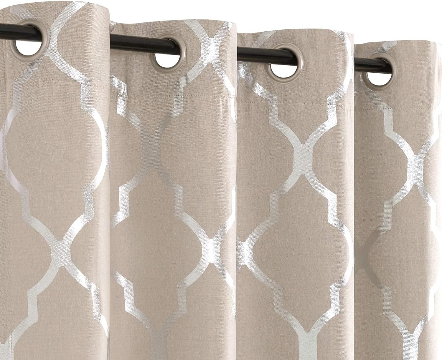 Vangao Linen Textured Curtians Foil Print Morrocan Tile Quatrefoil Room Darkning Drapes 95 Inches Length for Bedroom and Living Room,2 Panels,Silver On Flax