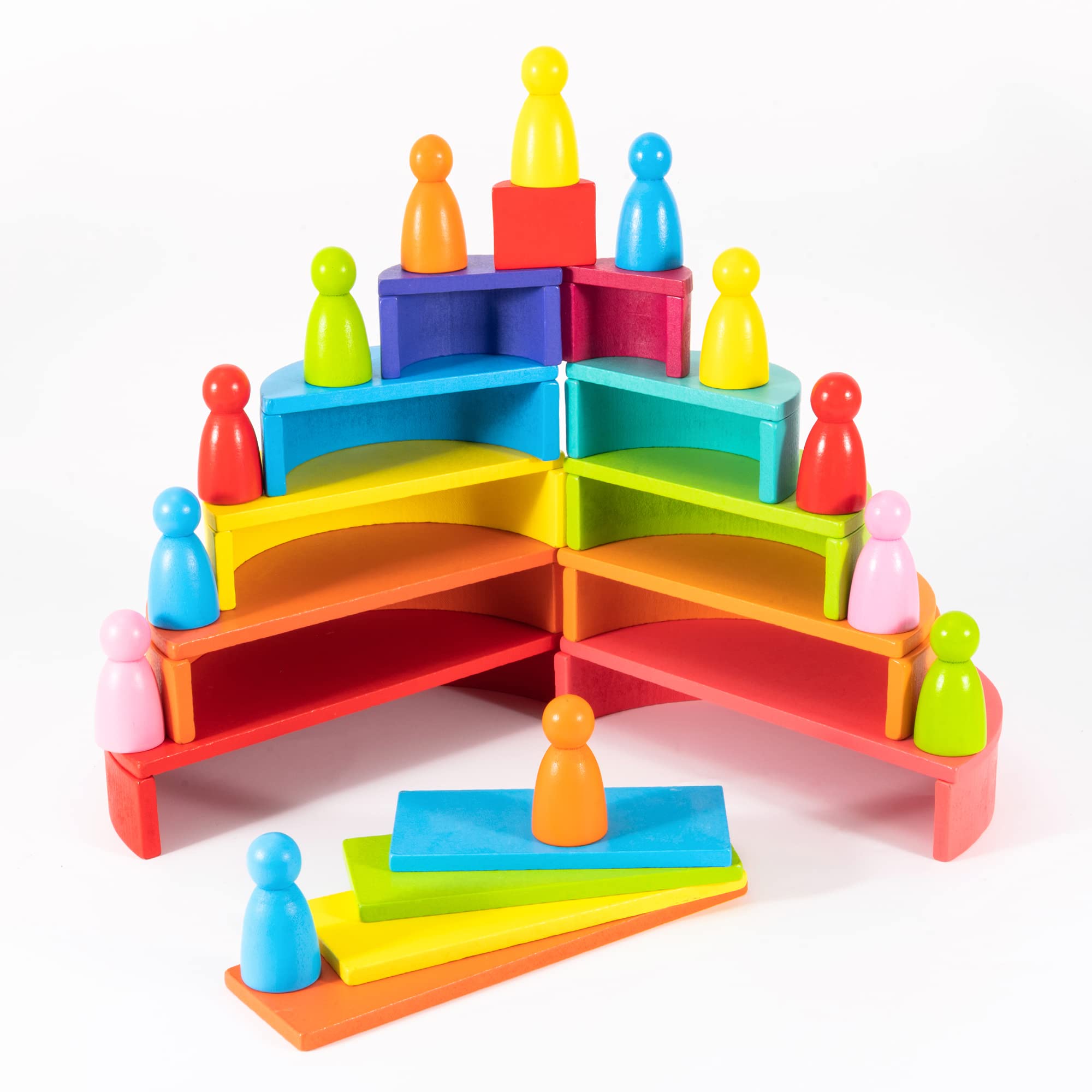 XJYQJD Wooden Rianbow Stacker Playset, 4-in-1 Rainbow Stacking Toys Building Blocks for Kids Ages 3 4 5 Preschool Montessori Toys Christmas Birthday Gifts for Toddlers Boys Girls 3-5 (45 Pieces)