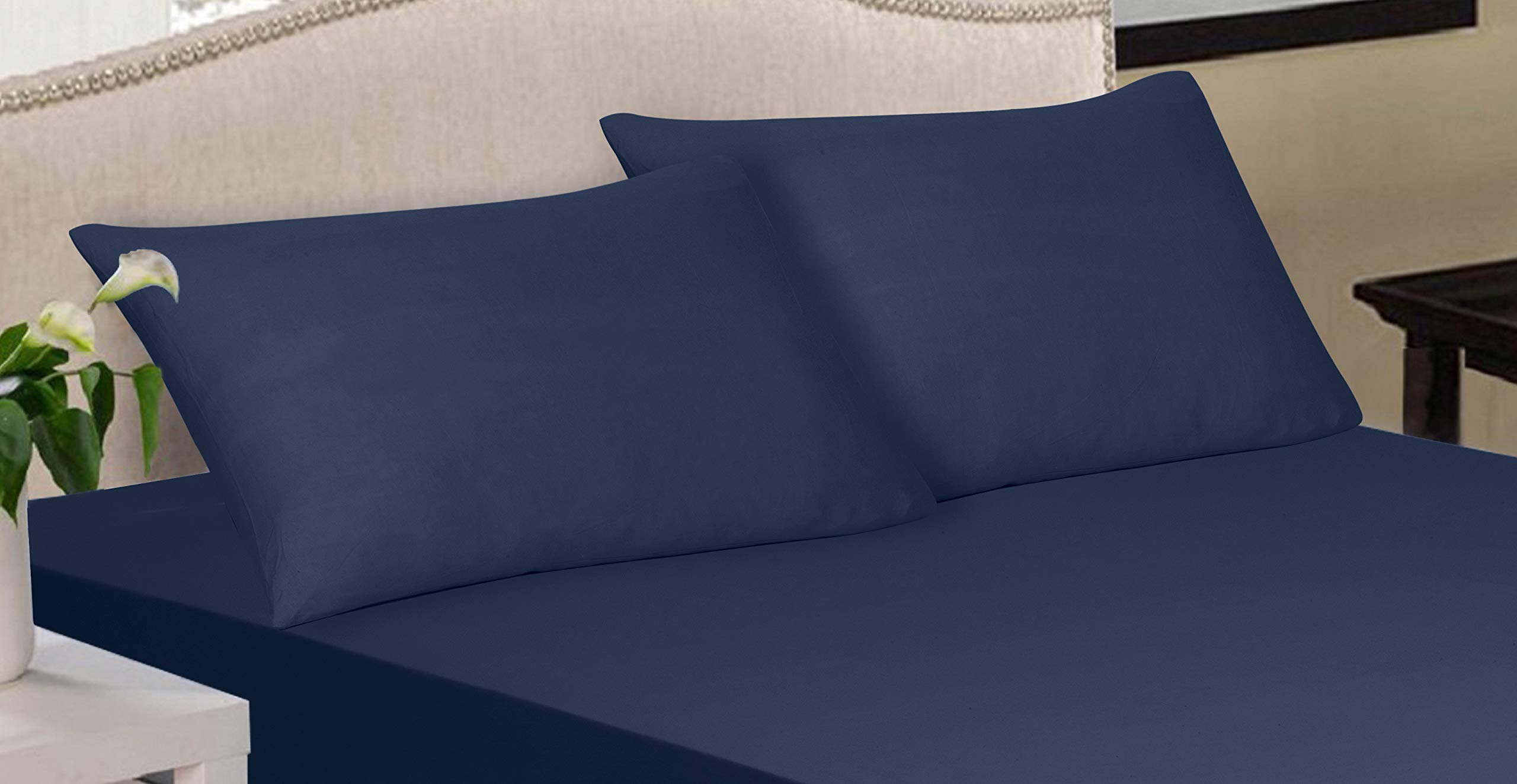 Extra Deep 30 cm Super Soft Luxury Premium Quality 100% Cotton Jersey Fitted Sheet (Navy, Pair of Pillow Case)