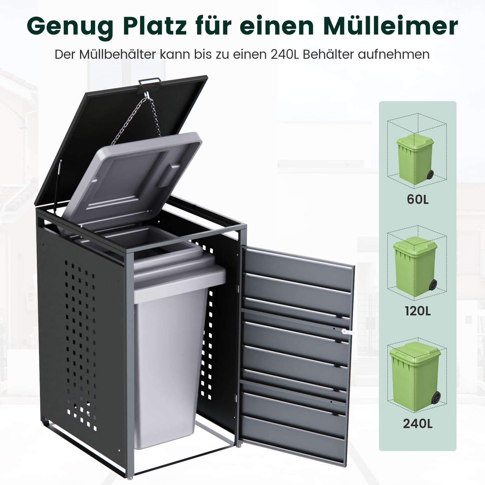 CHOSHOME Mülltonnenbox 2er 240L - Anthrazitgrau Verzinkter Stahl & Holzoptik - 2 Tonnen mit Abschließbar - inkl. Erweiterungsmöglichkeit - Mülltonnenverkleidung, Aufbewahrungsbox für Mülltonnen 2