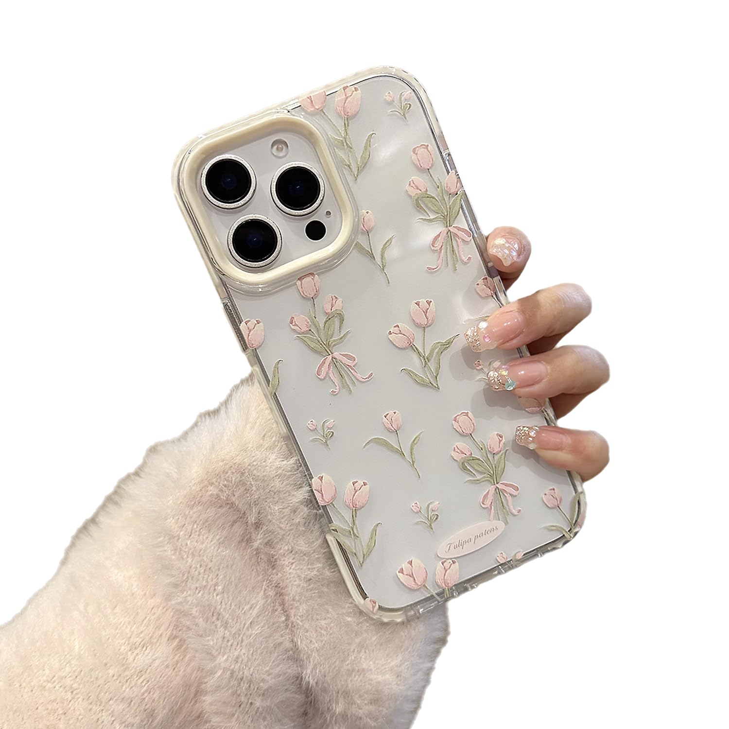 Pink Tulip Flower Floral Phone Case for iPhone (White,iPhone 14 Pro)