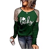 St. Patrick's Day Lucky Shamrock Sequined Splicing Blouse T Shirts for Women St Pattys Day Vacation Long Sleeve Tee Tops