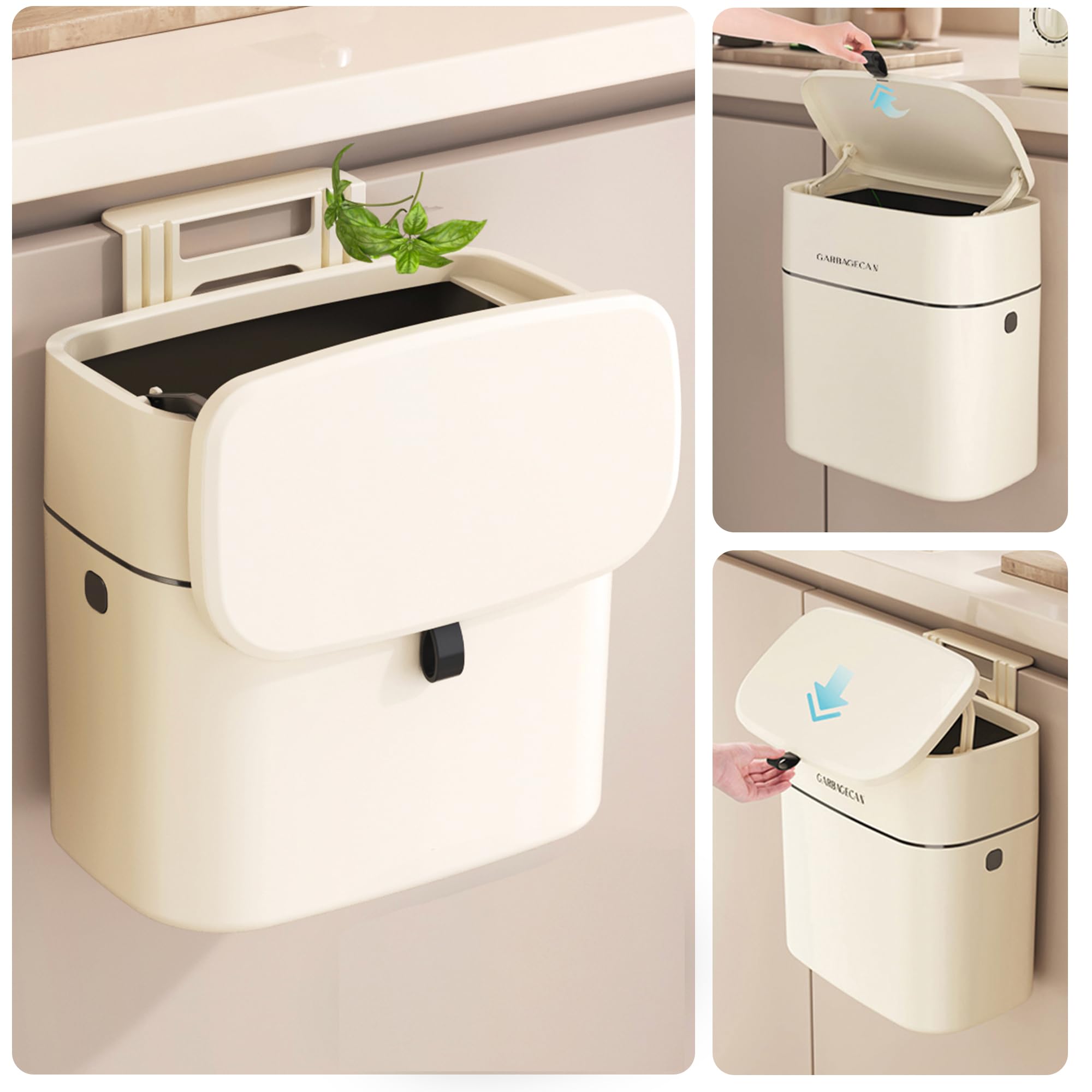 Photo 1 of Eargardin 2.5 Gallon Compost Bin Kitchen Garbage Can Countertop Indoor Small Hanging Trash Can with Lid Composting Bin Off White