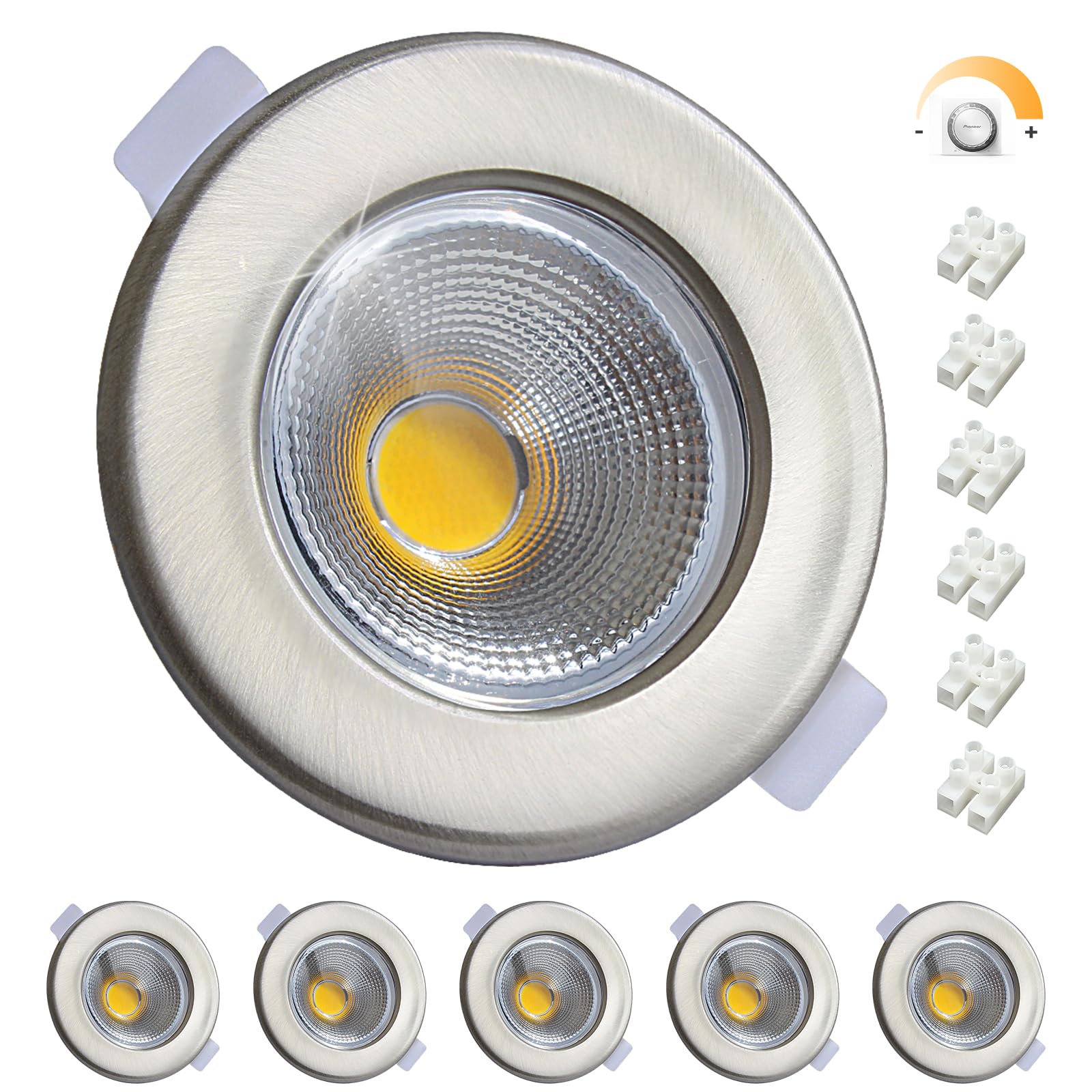 Wondlumi 6X Dimmable Downlights for Ceiling 10W, COB Ultra Slim Recessed Ceiling Lights Cool White 5000K, Round Brushed Chrome LED Spot Lights for Bedroom, Living Room, Kitchen