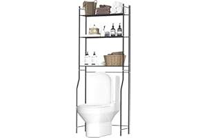 GloTika 3-Tier Over The Toilet Storage, Freestanding Above Over Toilet Bathroom Organizer Space Saver, Metal Toilet Storage Shelf with 4 Hooks for Bathroom, Black