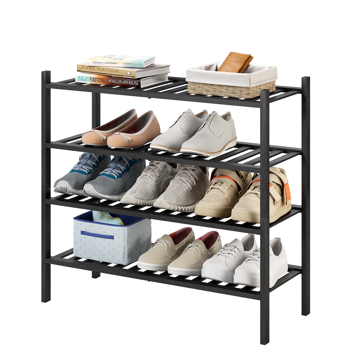 Photo 1 of Furshus 4-Tier Bamboo Shoe Rack for Entryway, Stackable | Heavy Duty | Multi-Function, Free Standing Shoe Racks for Bedroom Hallway Closet?Black?