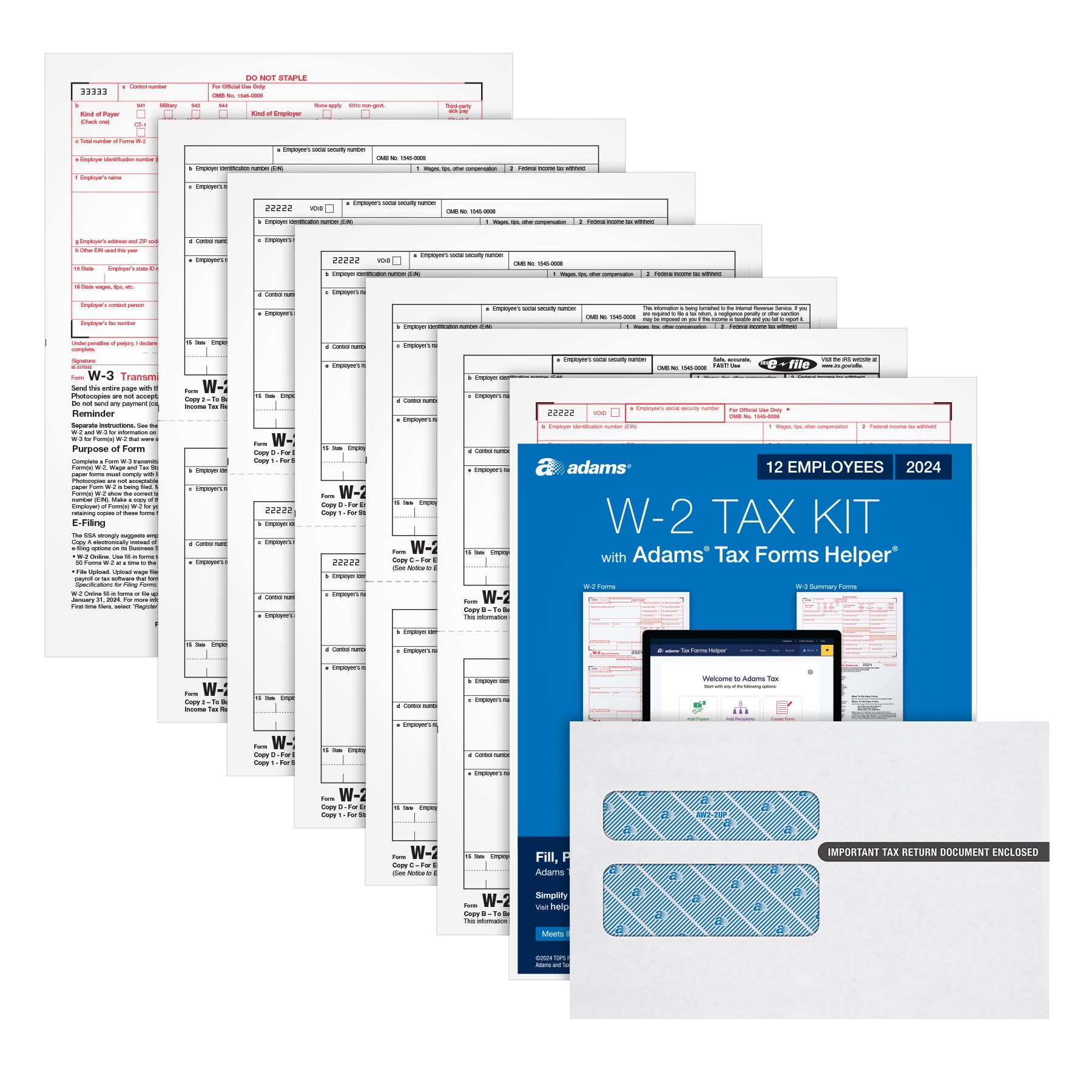 Adams 2024 W2 Tax Forms Kit for 12 Employees, 6 Part Laser W2 Forms, 3 W3 Forms, Self Seal