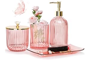 Jenseits Pink Bathroom Accessories Set, 4 Pcs Glass Bathroom Accessory Sets, Soap Dispenser, Toothbrush Holder, Qtip Holder, Vanity Tray, Housewarming Dorm Apartment Decor Home Essentials Gift For Her