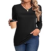 Ficerd Womens Plus Size Long Sleeve Tops V Neck Shirts Pleated Tunic Top Dressy Casual Blouses (S-5XL)
