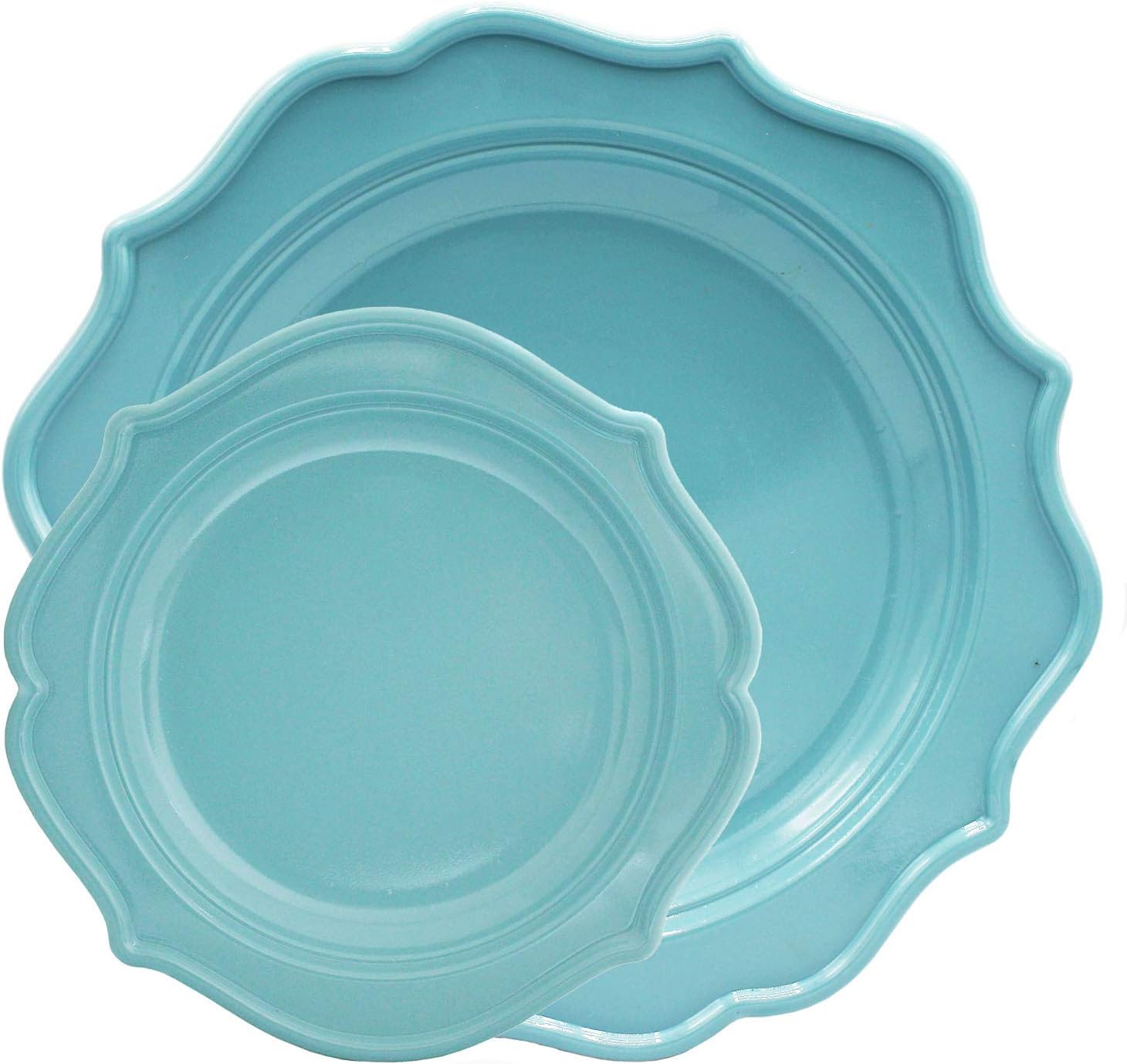Tiger Chef 96-Pack Sky Blue - Sea Blue Color Round Scalloped Rim Disposable Plastic Plate Set for 48 Guests Includes 48 10-Inch Dinner Plates, 48 8-Inch Salad Plates - BPA-Free