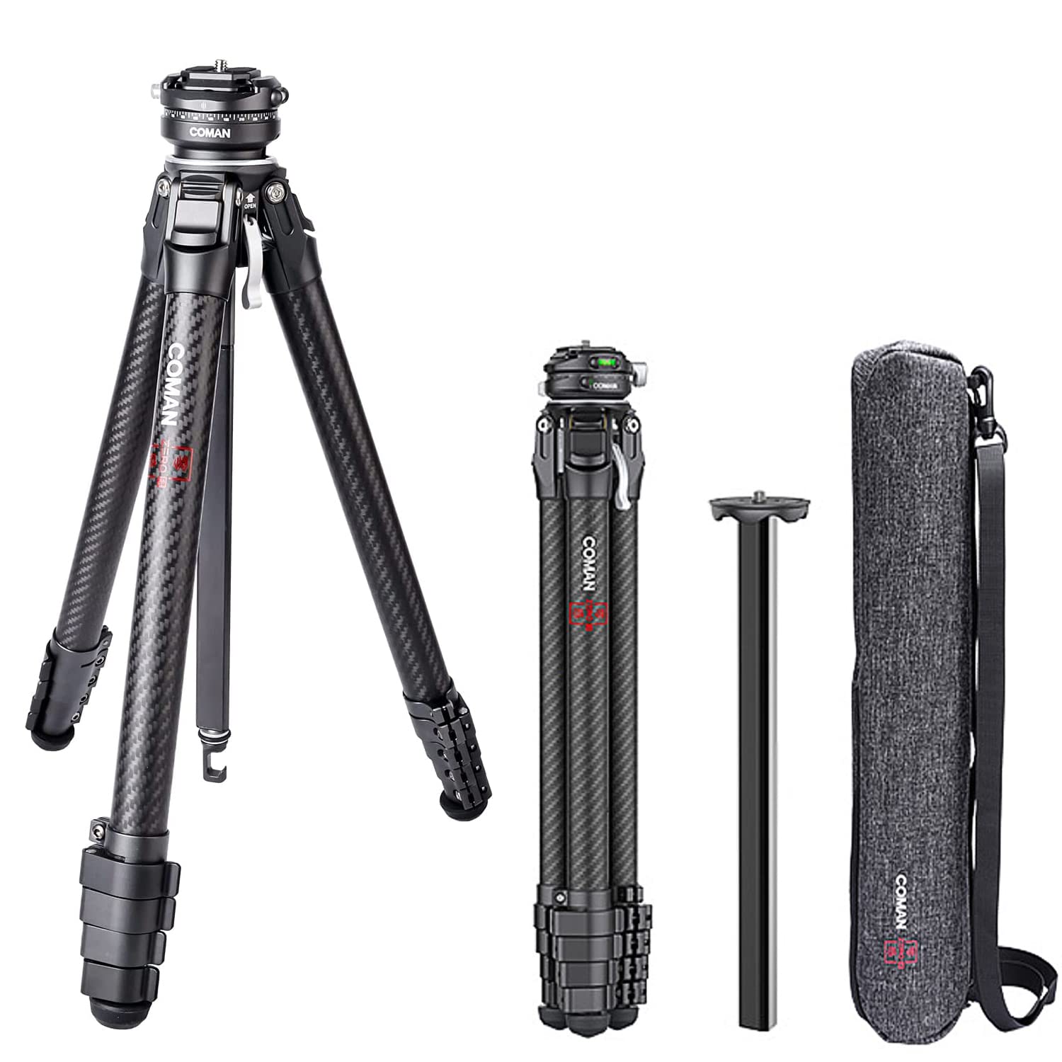 COMAN Zero F38 Professional Carbon Fiber Tripod | 62" Lightweight Travel Tripod with F38 Quick Release, 360° Panorama Ball Head, 18 kg Load Capacity, Compact Fold for DSLR, Mirrorless & Video Cameras