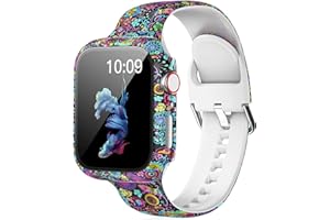 LKEITY Floral Printed Pattern Silicone Band with Case Cover Set Screen Protector Compatible for Apple Watch 45mm 44mm 42mm 41mm 40mm 38mm, Soft Sport Strap for iWatch Series 8 7 SE 6 5 4 3 2 1 Women