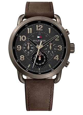 Tommy Hilfiger Mens Brown Leather Band Steel Case Quartz Black Dial Chronograph Watch 1791425
