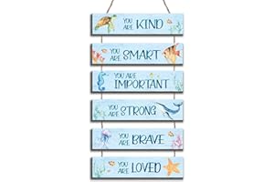 HIWERAN 6 Pieces Ocean Decor Kids Room Decor, Inspirational Watercolor Ocean Positive Quotes Wall Art Decor for Teens Children Bedroom, Works of Art Made of Wood, Works of Art of Wood, Placards of Woods