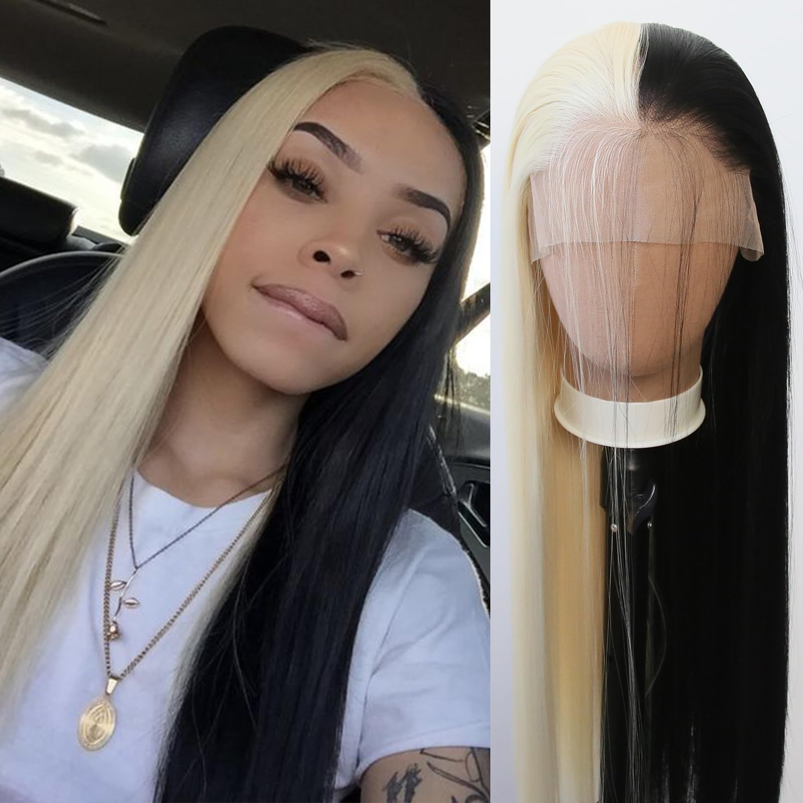 Towarm Half Black and Blonde 613 Synthetic Lace Front Wig - Pre Plucked Natural Hairline with Baby Hair for Women Cosplay Daily Wear