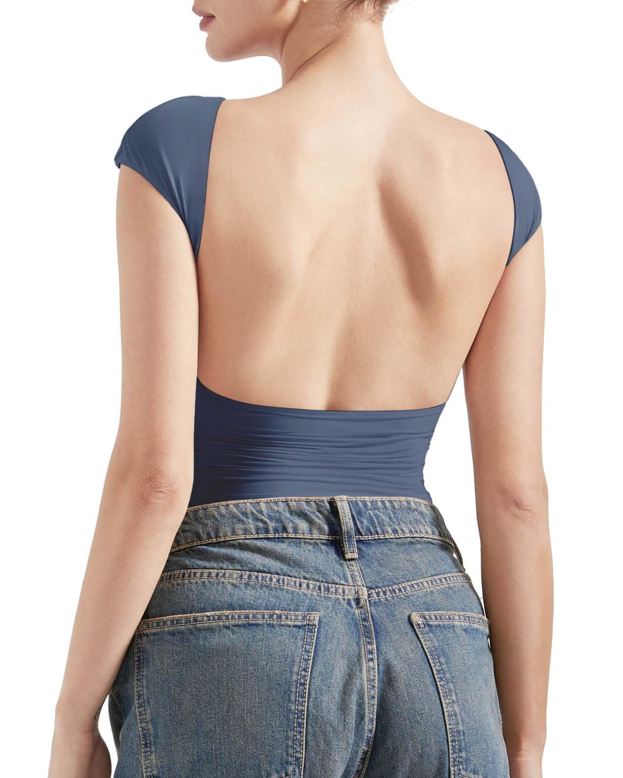 Photo 1 of SUUKSESS Women Backless Sexy Going Out Crop Tops Double Lined Open Back Y2k Basic Tee Shirts (Navy Blue, S)