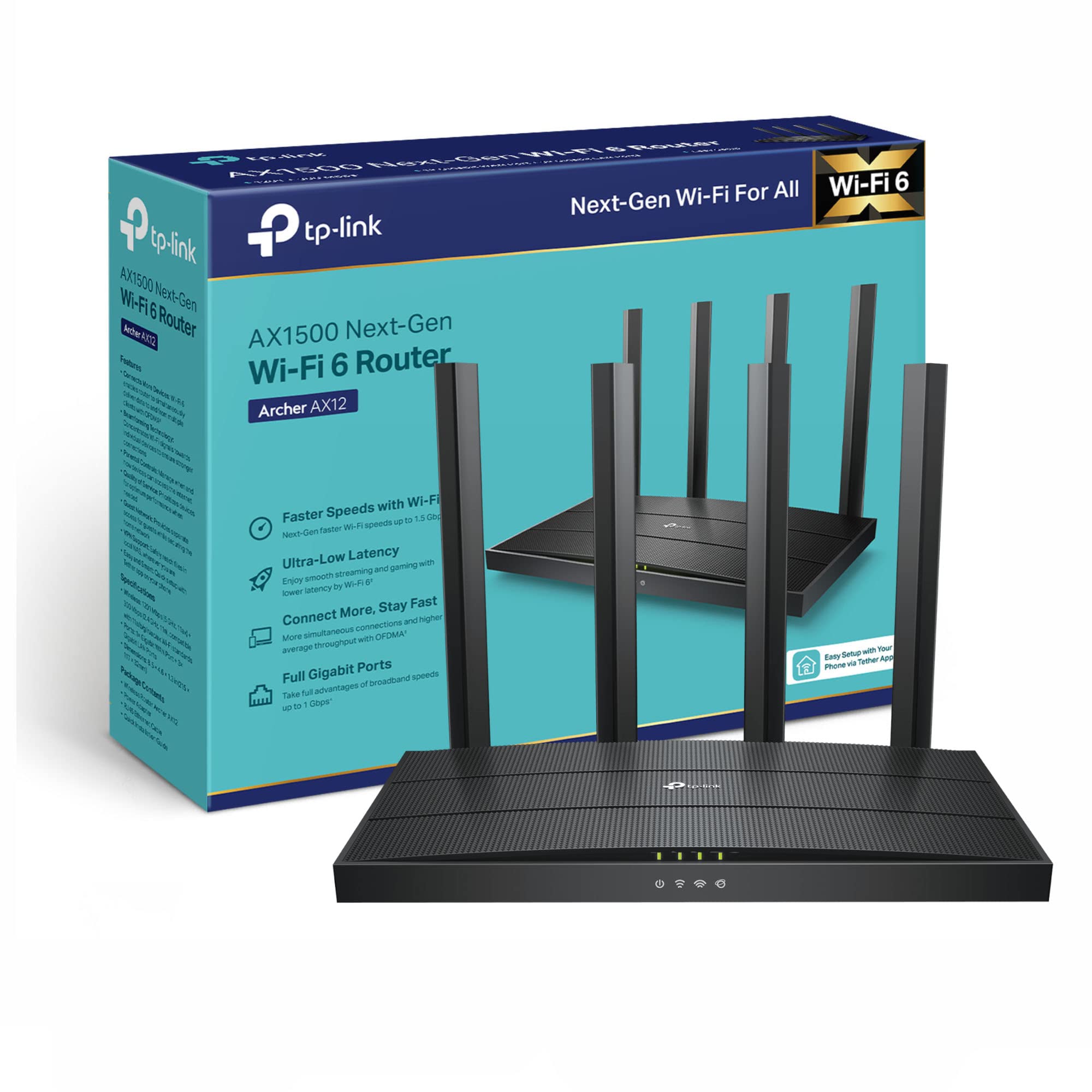 TP-Link Archer AX12 Next-Gen WiFi 6 AX1500Mbps Dual-Band WiFi Router, Gigabit LAN/WAN Ports, WPA3 Security, 4 High-Performance External Antennas, Ideal for Gaming Xbox/PS4/Steam and 4K, Plug & Play