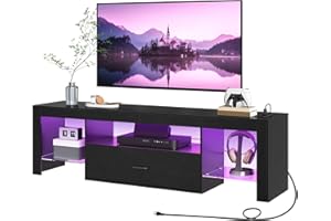 HOOBRO LED TV Stand with Power Outlets to 65 inch TV, Gaming Entertainment Center with Glass Shelves and Large Drawer, Modern